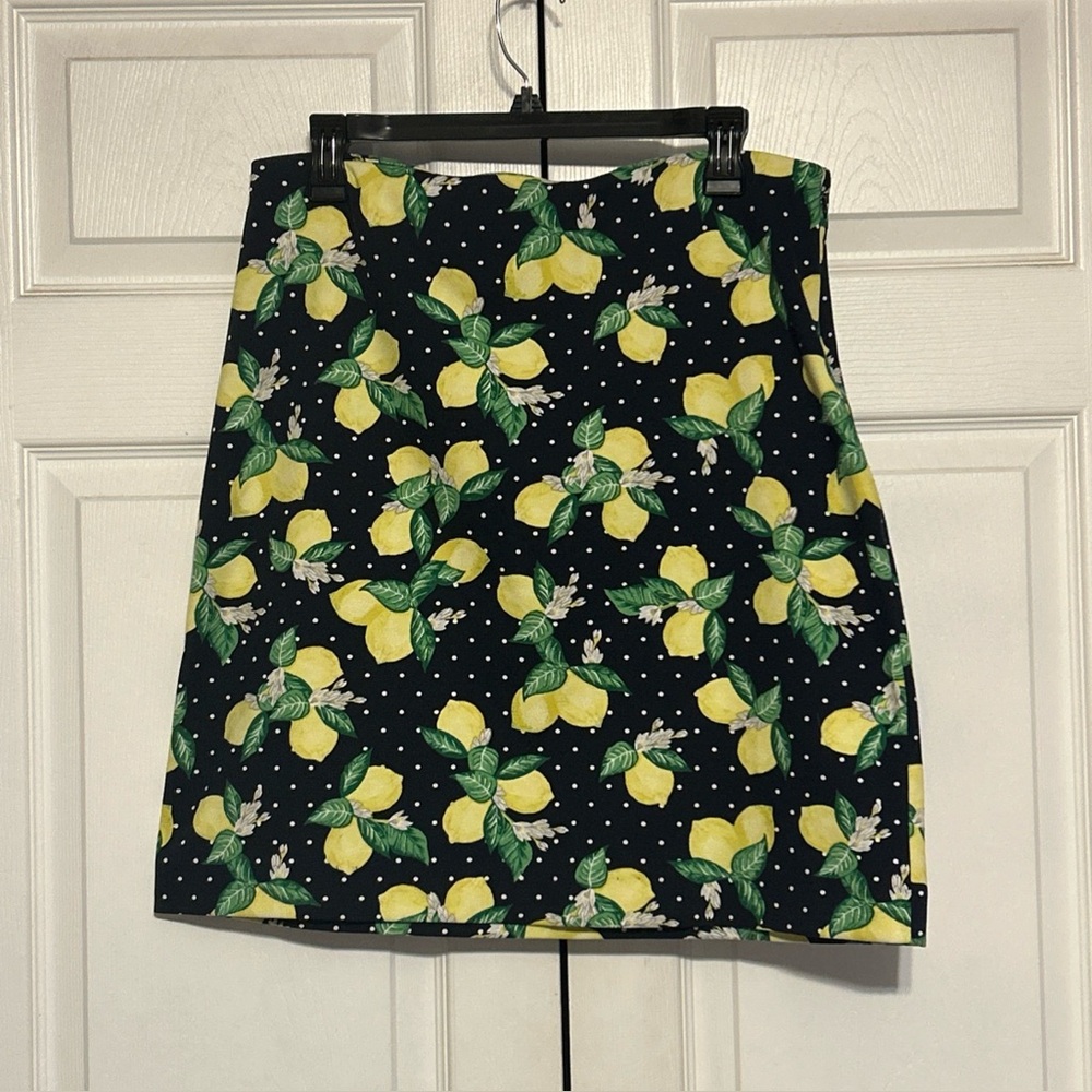 Talbots Summer‎ Lemons Mini Skirt Size 12 Petite Blue Navy Yellow Pencil Fruity